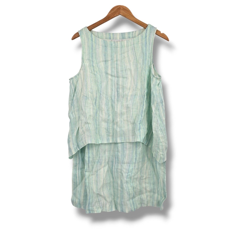 Pure Jill Linen Striped Tiered Tunic Top Sleeveless Seafoam Green Blue Medium